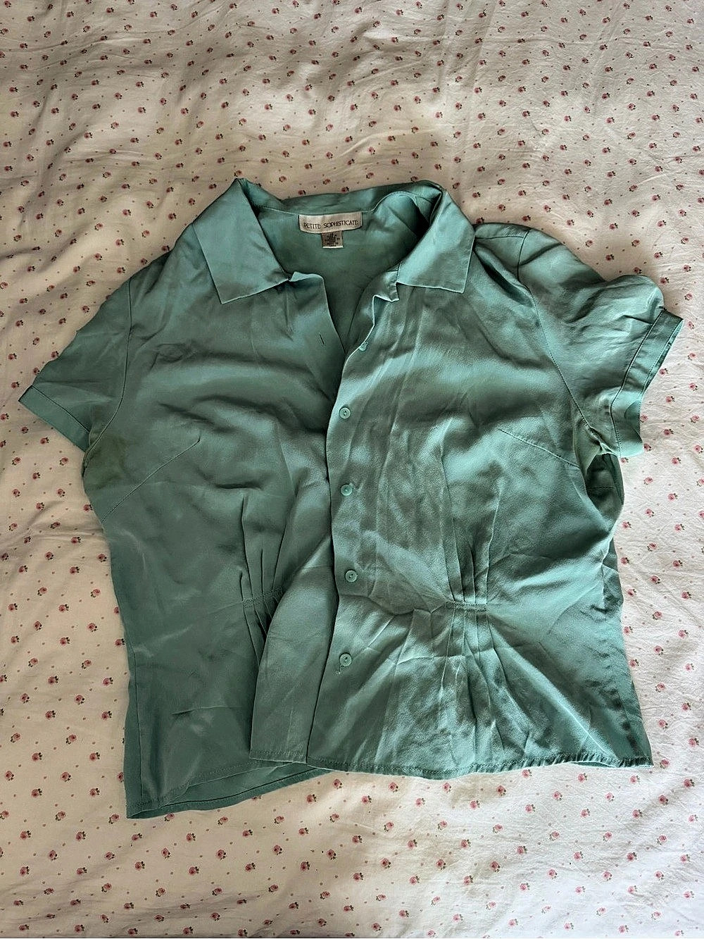 100% Silk Button Front Blouse Short Sleeve Collared